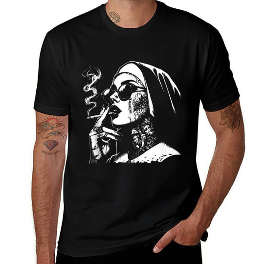 Unholy Nun Funny Horror Choked Up Unholy Nun Satan Baphomet  Ribbed Collar T-Shirt