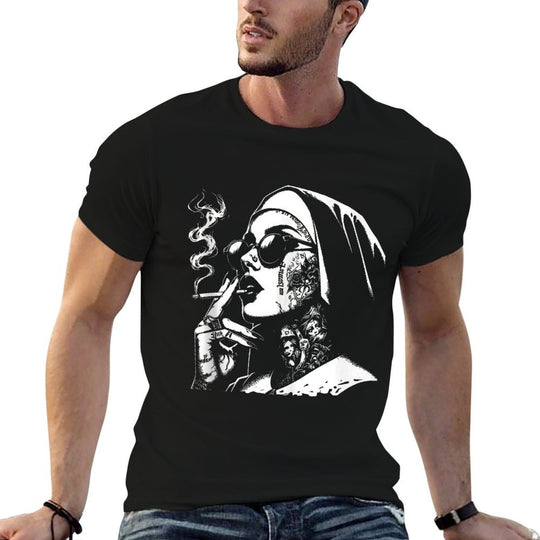 Unholy Nun Funny Horror Choked Up Unholy Nun Satan Baphomet  Ribbed Collar T-Shirt