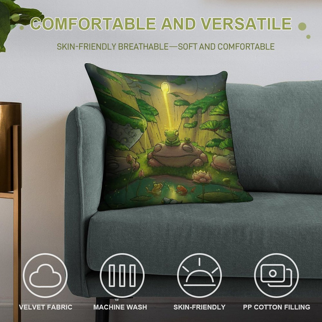 Tea Time Frog Meditation Asian Artwork Illustration Soft Shrink-Resistant Throw Pillow