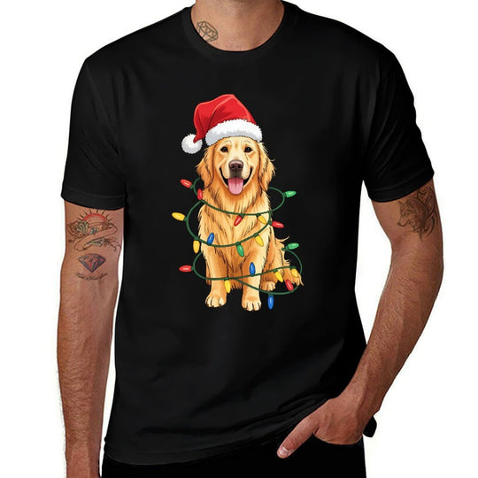Santa Hat Golden Retriever Christmas Tree Light Xmas Pajama  Breathable T-Shirt