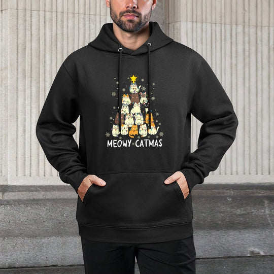 Meowy Catmas Cat Christmas Tree Xmas Girls Boys Funny Santa Machine Washable Hoodie