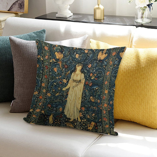 LADY FLORA, GREENERY, FOREST ANIMALS ,PHEASANT BIRDS ,RABBITS Blue Green Floral Tapestry Soft Warmth Comfort Throw Pillow