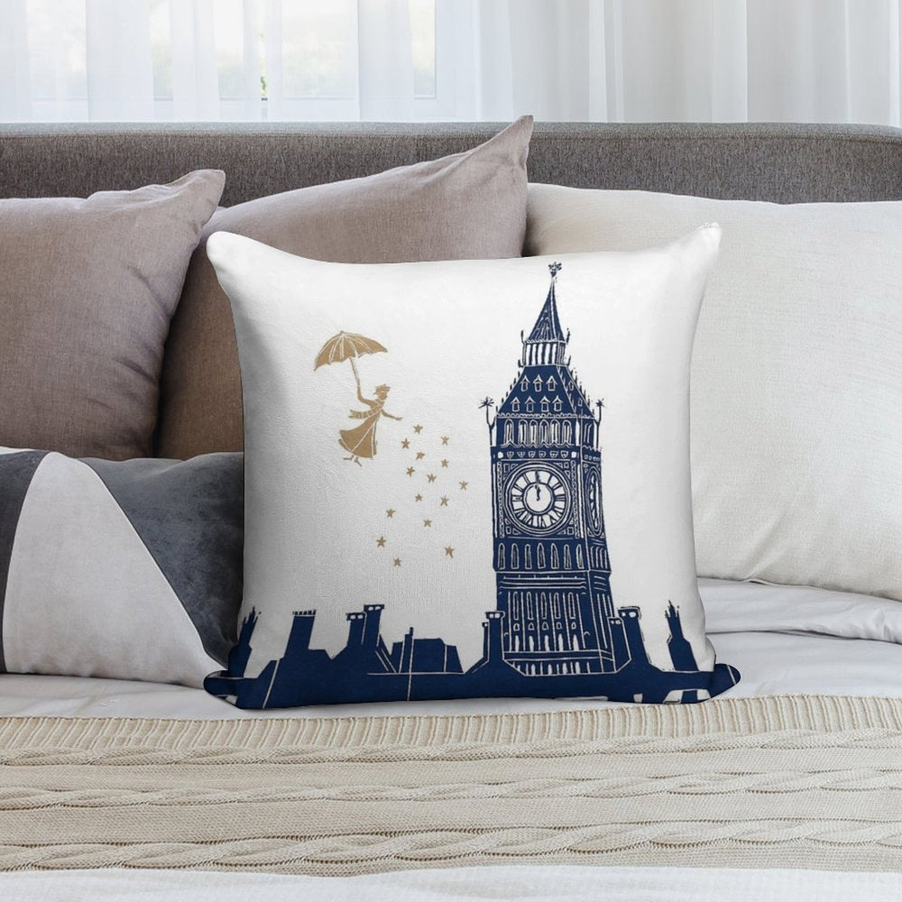 Mary Poppins And Big Ben Linocut Soft Hidden Zipper Throw Pillow