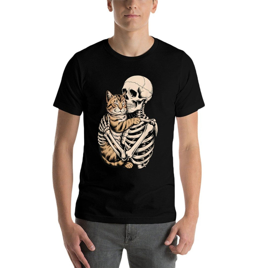 Skeleton Hugging Cat Halloween Funny Cat Lover Cat Mom Dad  Stretchy T-Shirt