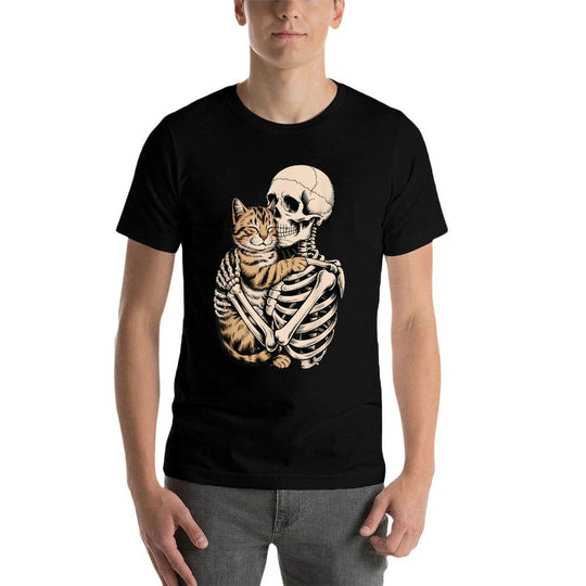 Skeleton Hugging Cat Halloween Funny Cat Lover Cat Mom Dad  Stretchy T-Shirt