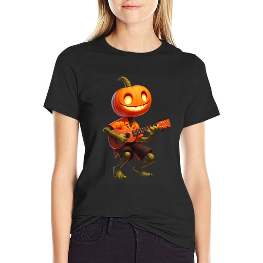 Pumpkin Face Playing Ukulele Halloween Costume Men Boys Kids  Versatile T-Shirt
