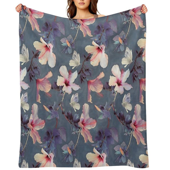 Butterflies And Hibiscus Flowers - A Painted Pattern Compact Throw Blanket