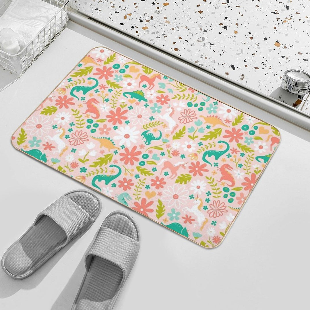 Dinosaurs + Unicorns on Pink  Rapid-Drying Bath Mat