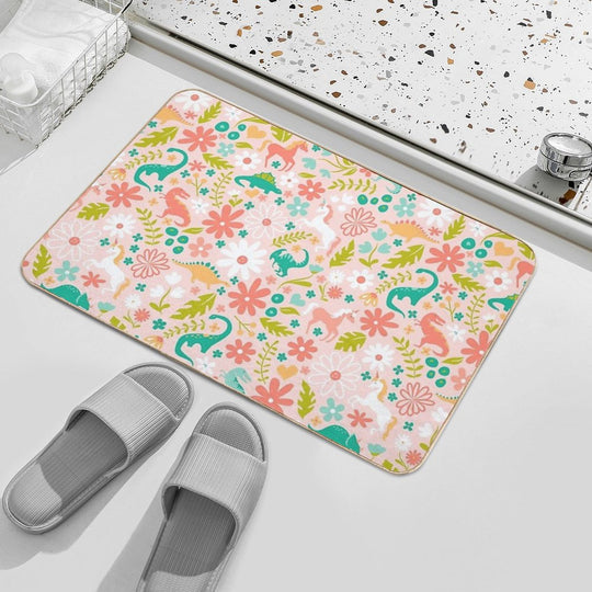 Dinosaurs + Unicorns on Pink  Rapid-Drying Bath Mat