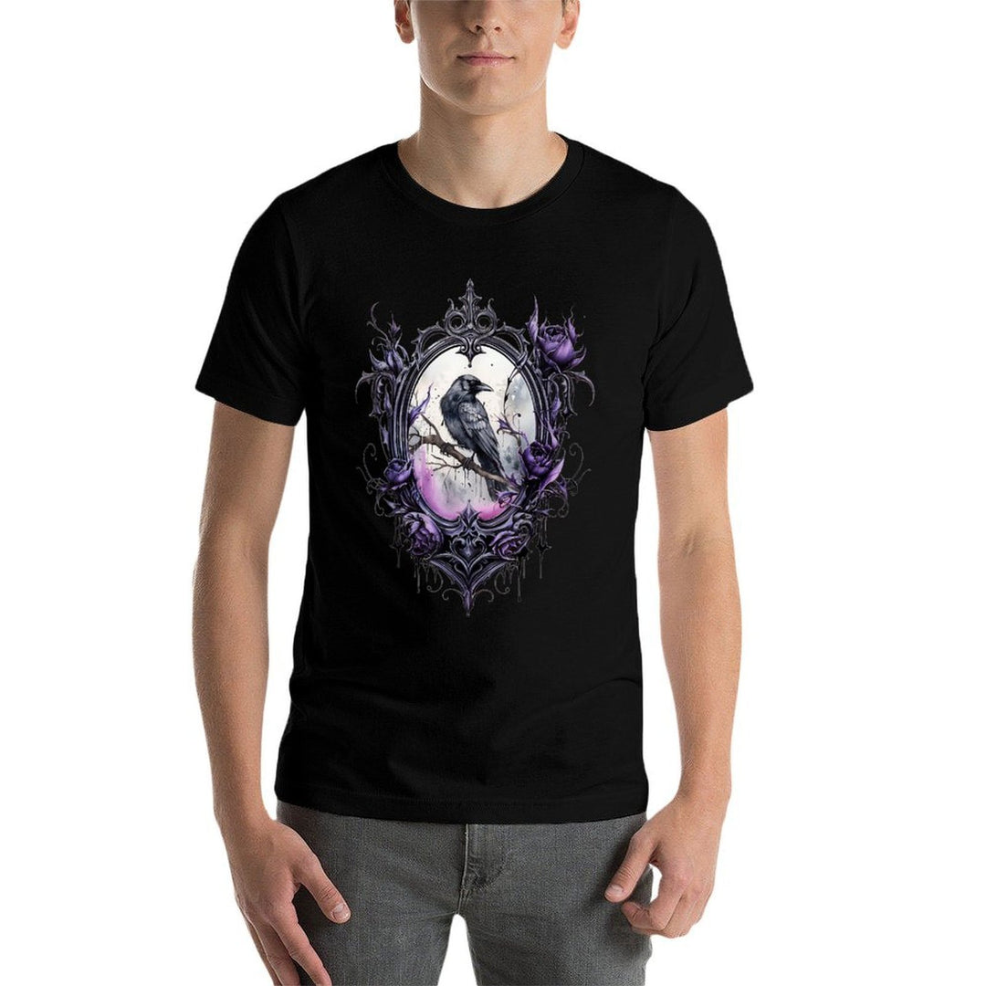 Gothic Halloween Raven Rose Purple Majestic Bird  Rolled Sleeves T-Shirt