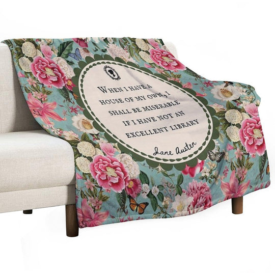 Jane Austen Library Quote, Literary, Bookish, Book Lover, Vintage Floral Flowers Machine-washable Throw Blanket