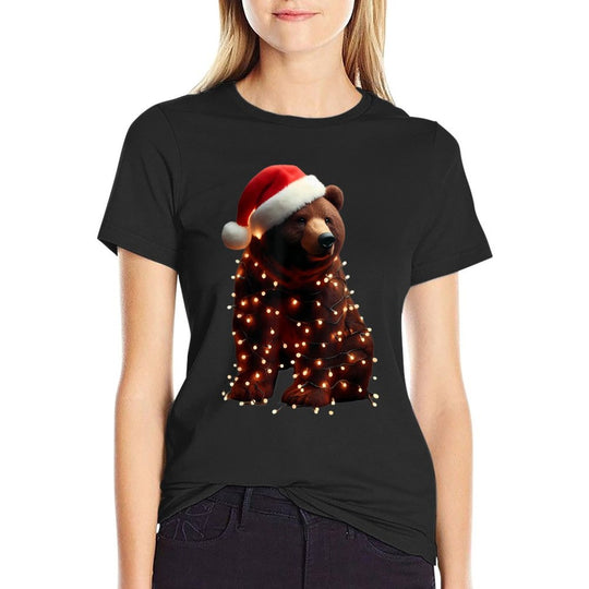 Bear With Santa Hat And Christmas Lights Xmas Brown Bears  Graphic-printed T-Shirt