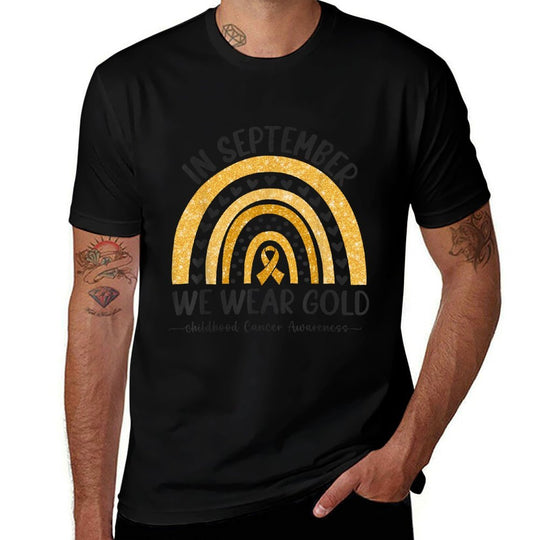 in September We Wear Gold Rainbow Childhood Cancer Awareness  Oversized Silhouette T-Shirt