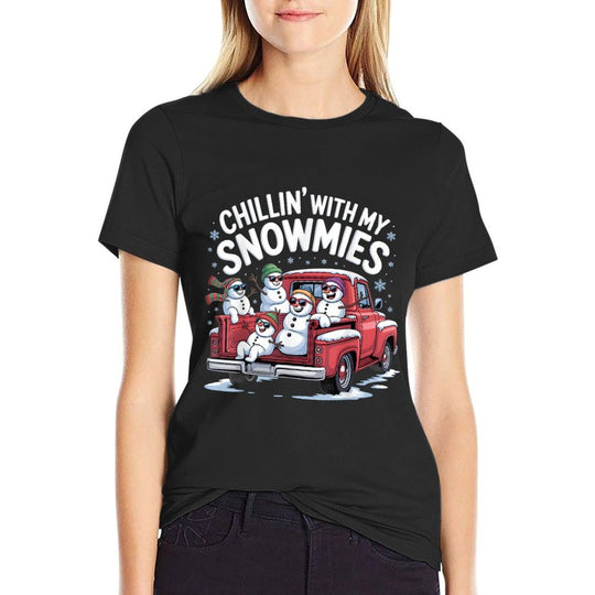 Chillin with My Snowmies Pickup Truck Snowman Christmas  Ribbed Collar T-Shirt