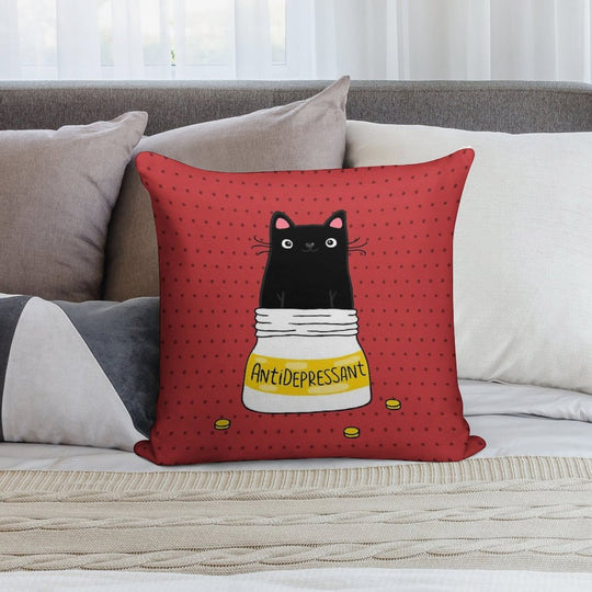 FUR ANTIDEPRESSANT . Cute Black Cat Illustration. A Gift for A Pet Lover. Soft Durable Construction Throw Pillow