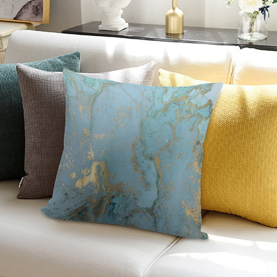 Marble Design - Gold Effect - Turquoise Blue, Teal Marbling Soft Hidden Zipper Throw Pillow