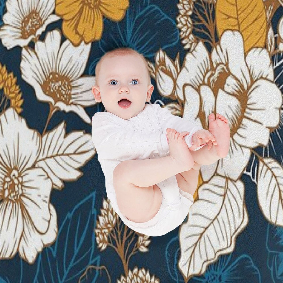 Navy And Gold Peony And Blossom Seamless Pattern Sustainable Throw Blanket