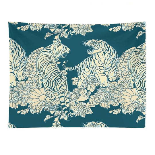 Teal And Cream Tigers And Flowers Tapestry