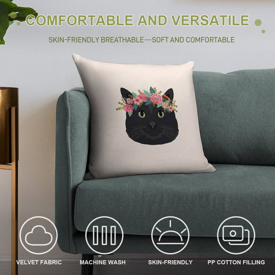 Black Cat Breed Floral Crown Black Cats Lover Pure Breed Gifts Soft Bedroom Essential Throw Pillow