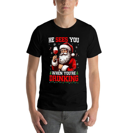 He Sees When Youre Drinking Christmas Santa Drinking Wine  Polyester Blend T-Shirt