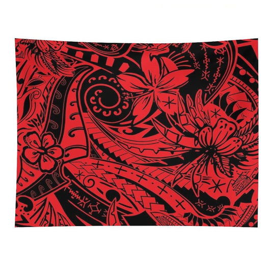 Polynesian Tribal Lava Red Leaf And Floral Print Tapestry