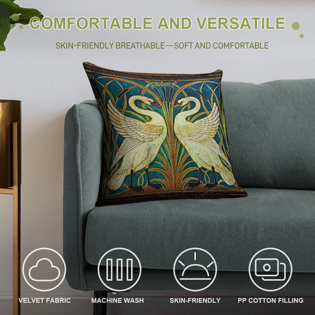 TWO WHITE SWANS AMONG REEDS IN BLUE Art Nouveau Animals Soft Washable Throw Pillow