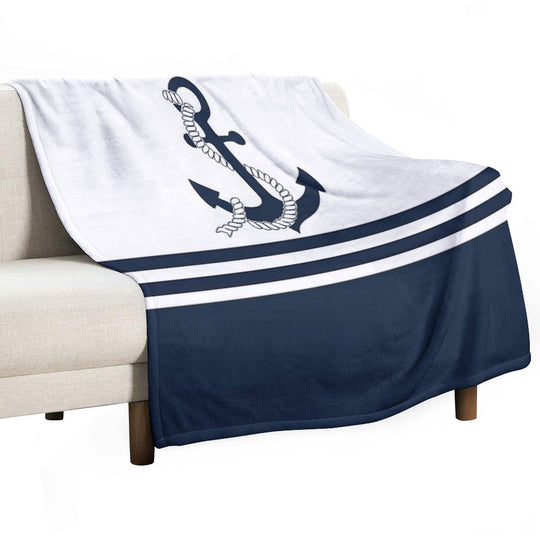 Nautical Blue Anchors with Blue And White Stripes Quick-dry Throw Blanket