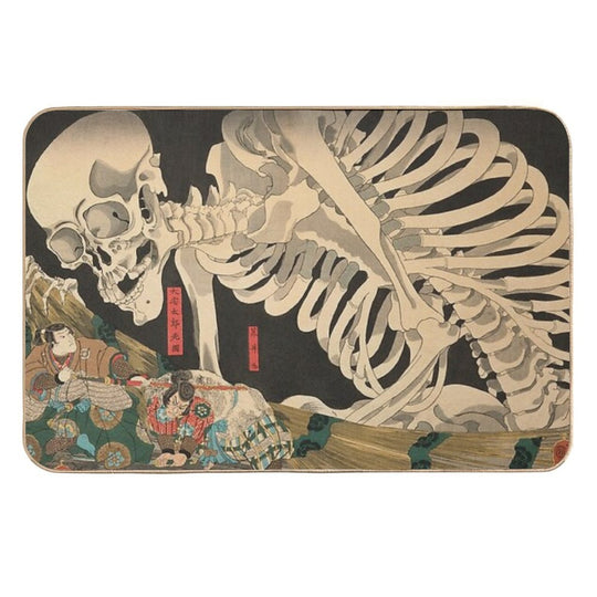 Samurai Fighting Giant Skeleton - Vintage Japanese Ukiyo-e Woodblock.  Multi-Purpose Bath Mat