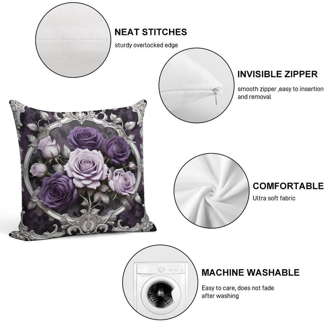Matte Lilac & Purple Roses With Silver Rococo Soft Luxury Feel Throw Pillow