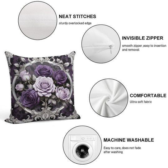 Matte Lilac & Purple Roses With Silver Rococo Soft Luxury Feel Throw Pillow