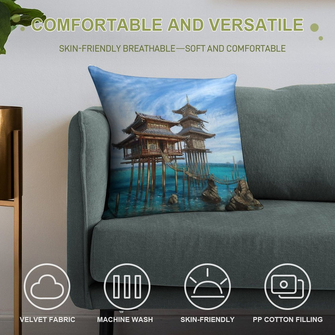 Tropical Temple Soft Short Plush Fabric Throw Pillow