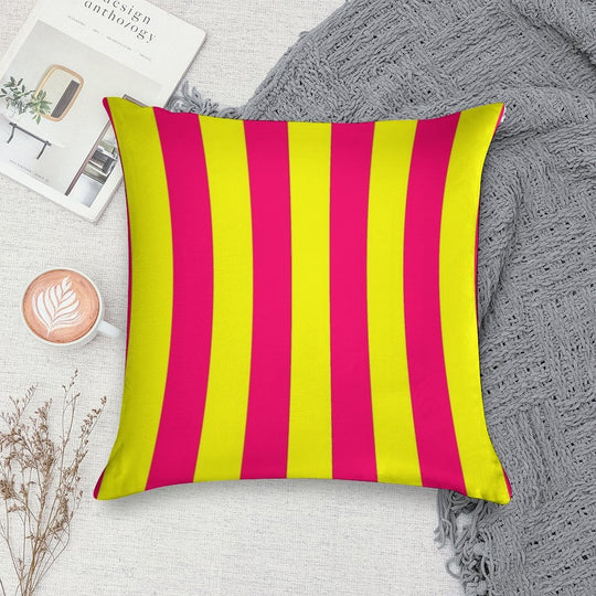 Bright Neon Pink And Yellow Vertical Cabana Tent Stripes Soft Reinforced Edging Throw Pillow