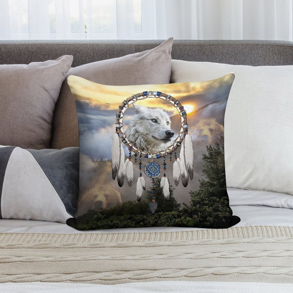 Wolf, Bear And Dream Catcher Soft High-Density Material Throw Pillow