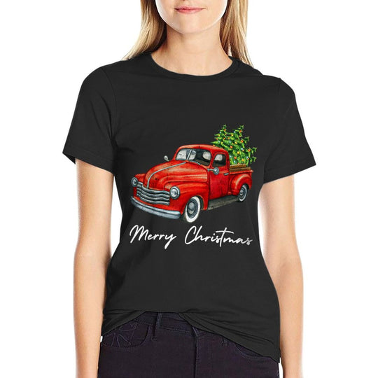 Vintage Wagon Christmas Tree on Red Truck Car Xmas Vacation  Tagless Design T-Shirt