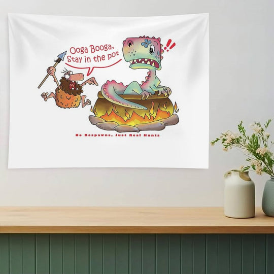 Funny Caveman Dino T-shirt - Ooga Booga Hunter Tee Tapestry