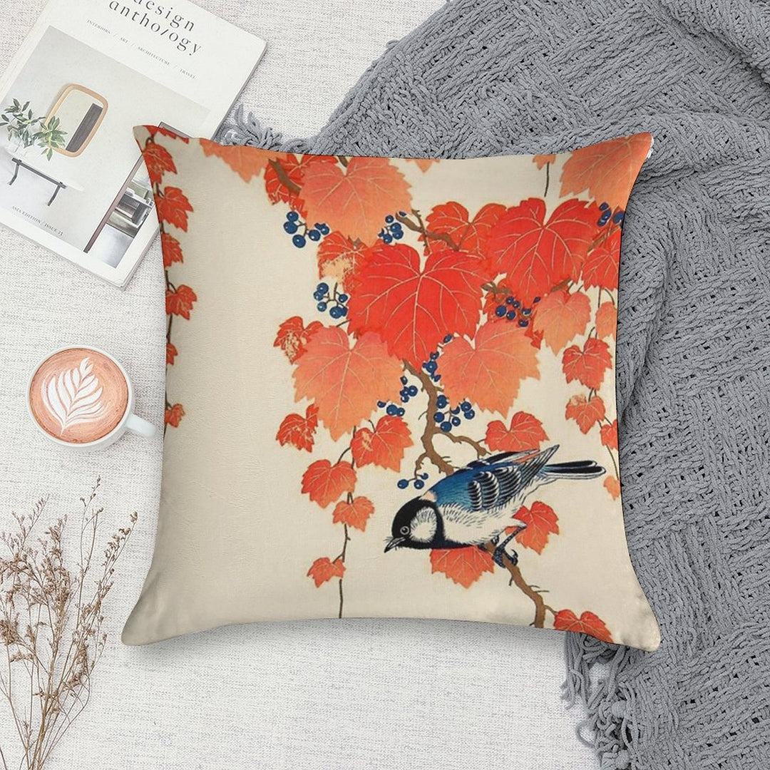 Vintage Japanese Jay And Autumn Grapevine Soft Anti-Pilling Throw Pillow