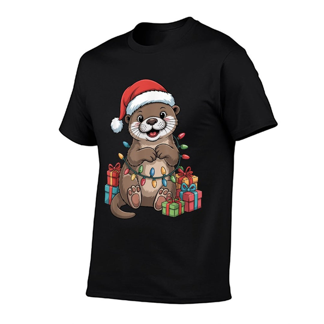 Funny Otter Santa Hat Animals Lovers Ugly Christmas Pajamas  Easy-care T-Shirt