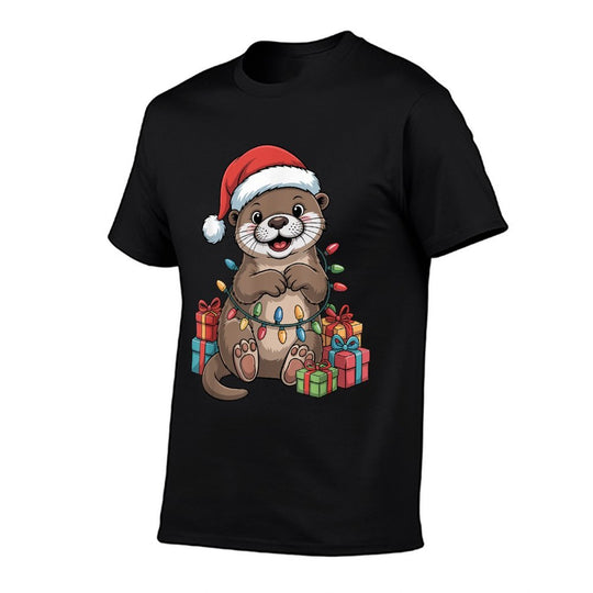 Funny Otter Santa Hat Animals Lovers Ugly Christmas Pajamas  Easy-care T-Shirt