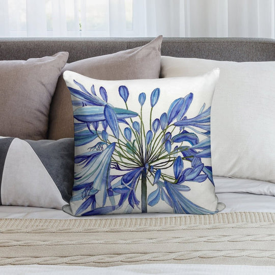 Blue Agapanthus Flower Watercolour Painting Soft Reinforced Edging Throw Pillow