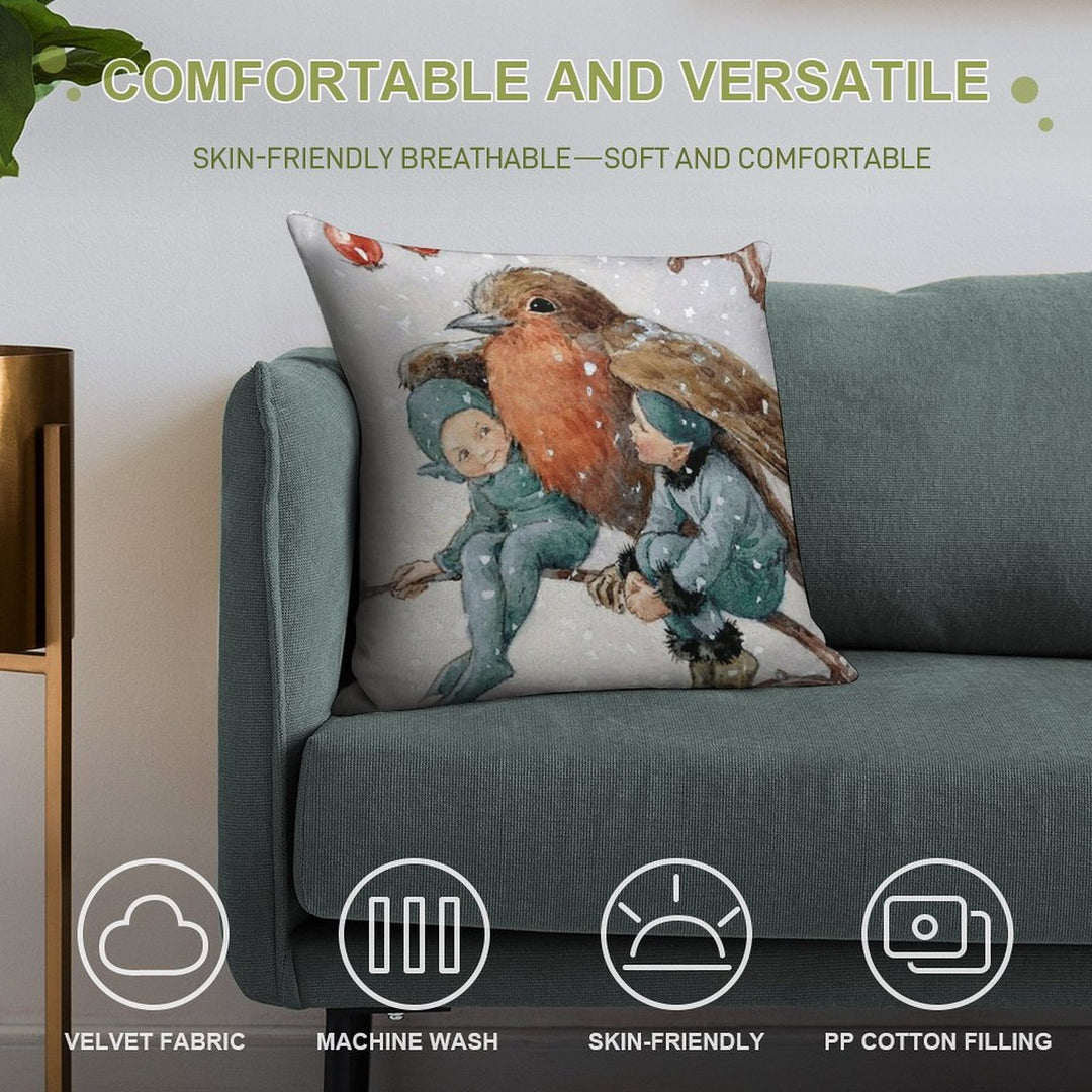 Christmas Elves Sheltering with A Robin - Margaret Tarrant Soft Ultra-Soft Texture Throw Pillow