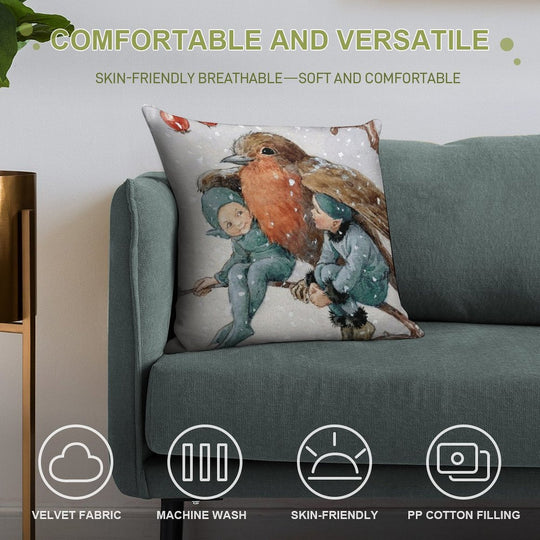 Christmas Elves Sheltering with A Robin - Margaret Tarrant Soft Ultra-Soft Texture Throw Pillow