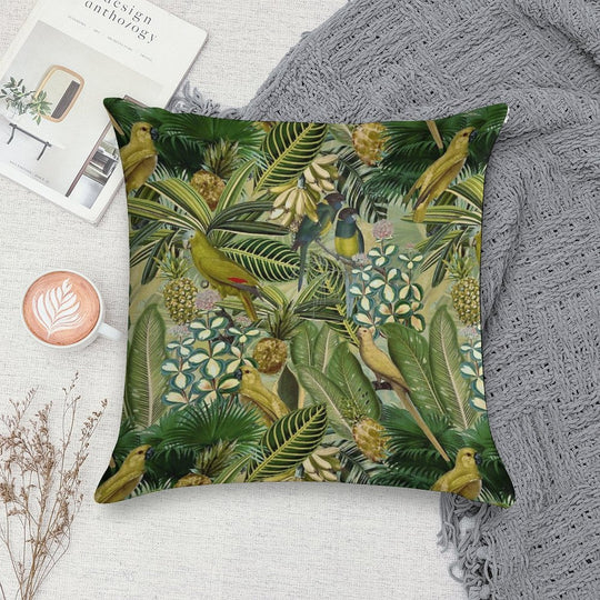 Vintage Green Tropical Bird Jungle Botanical Night Garden Nightgarden Soft Short Plush Fabric Throw Pillow