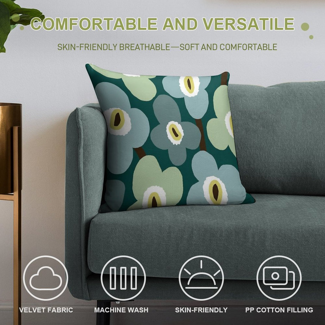 Iconic Retro Scandinavian Floral Pattern in Green And Blue Soft Short Plush Fabric Throw Pillow