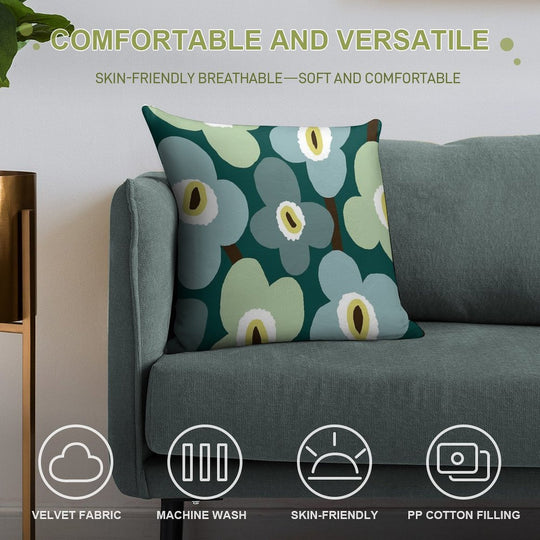 Iconic Retro Scandinavian Floral Pattern in Green And Blue Soft Short Plush Fabric Throw Pillow