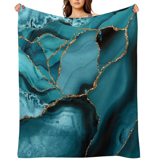 Teal And Gold Faux Marble Landscape Waves Anti-pilling Throw Blanket