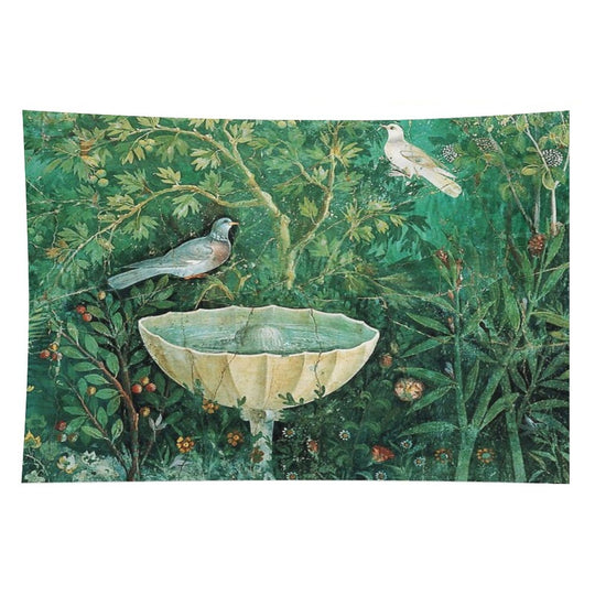 POMPEII COLLECTION,LITTLE BIRDS,DOVES AND FOUNTAIN  IN GARDEN ,GREEN FLORAL Tapestry