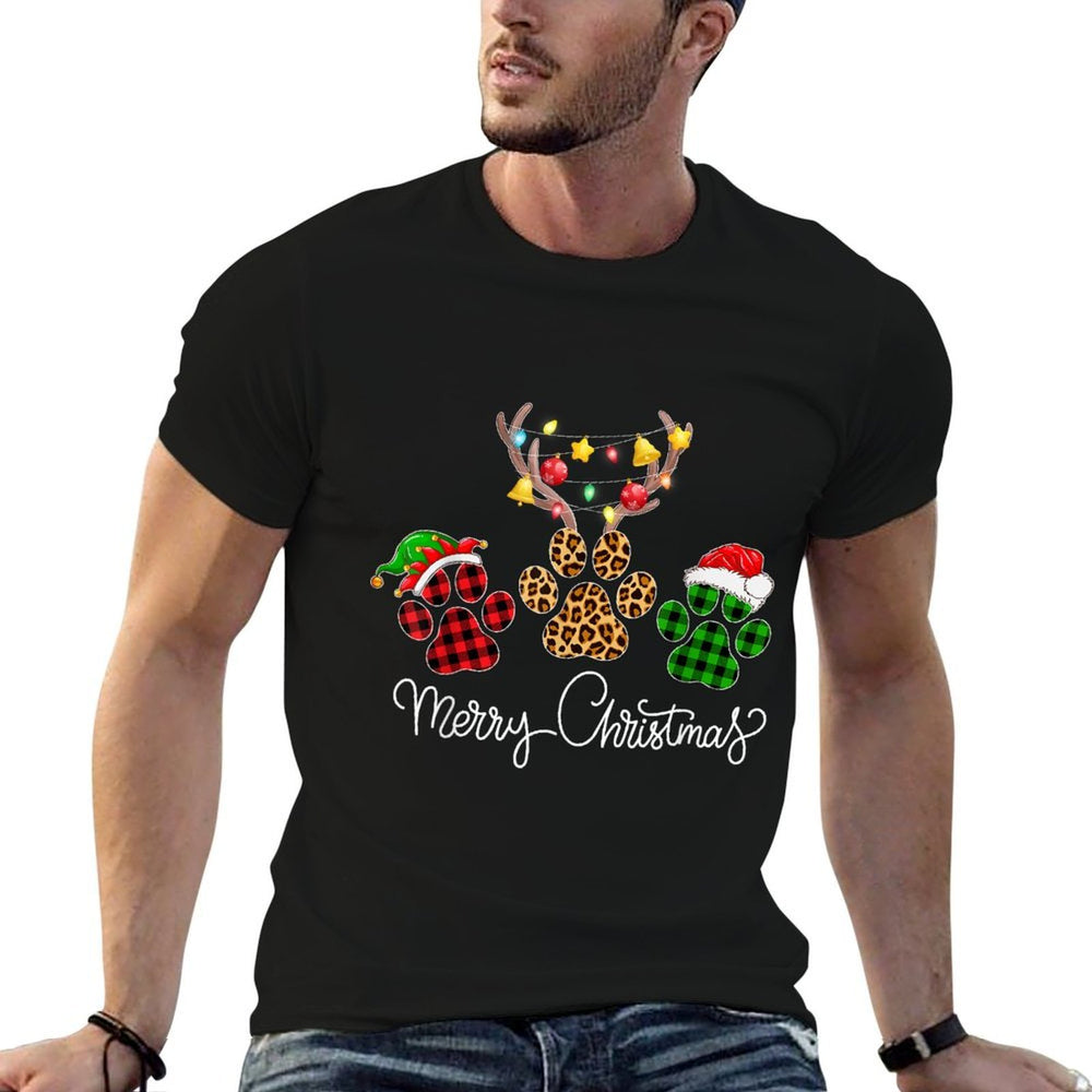 Merry Christmas Dog Paws Lights Buffalo Plaid  Leopard Xmas Men Women Kids  Heathered Texture T-Shirt