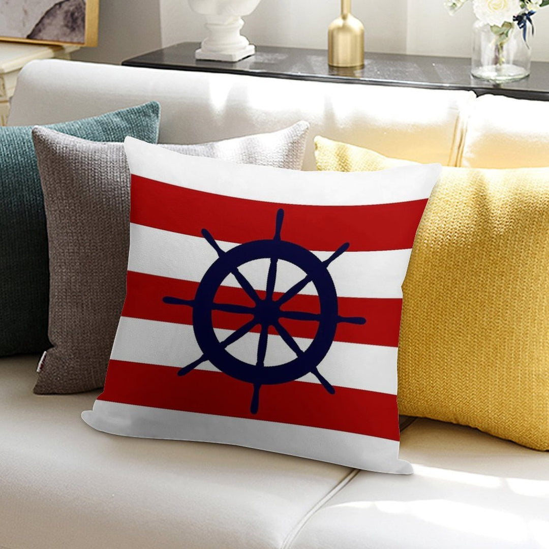 Nautical Navy Blue Ship's Steering Wheel On Red Stripes Soft Fade-Resistant Throw Pillow