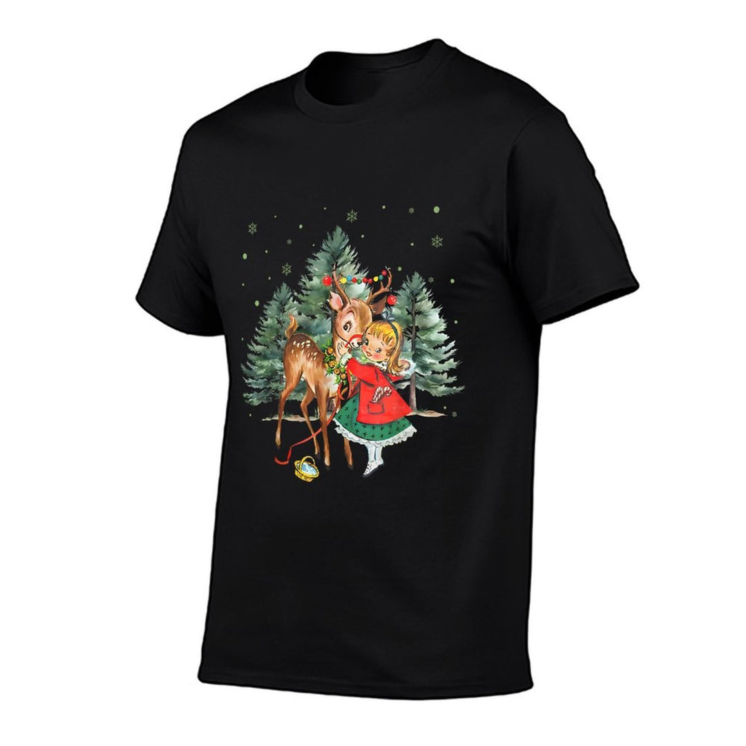 Vintage Girl And Reindeer Retro 1950s Christmas  Soft T-Shirt