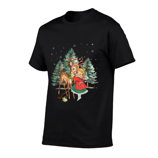 Vintage Girl And Reindeer Retro 1950s Christmas  Soft T-Shirt